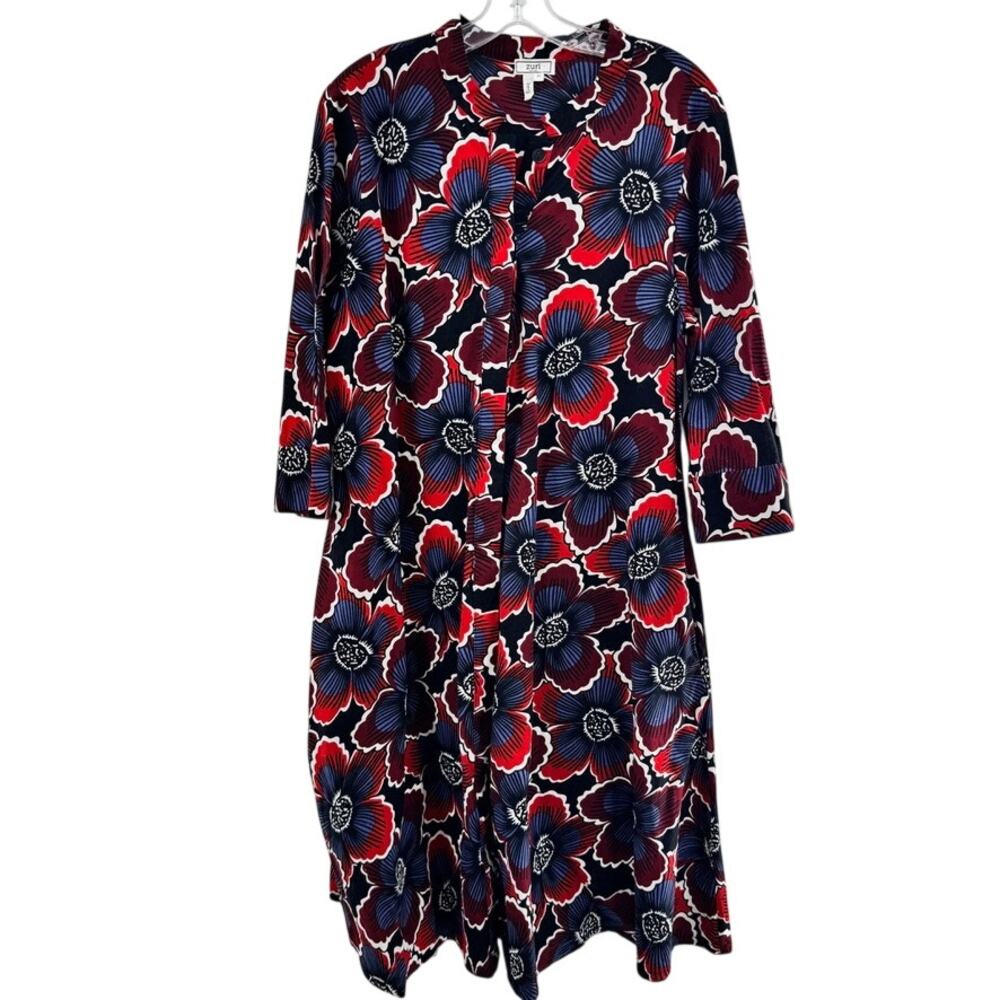Zuri Kenya Floral Print Shirt Dress Sz M Long Pockets Button Front